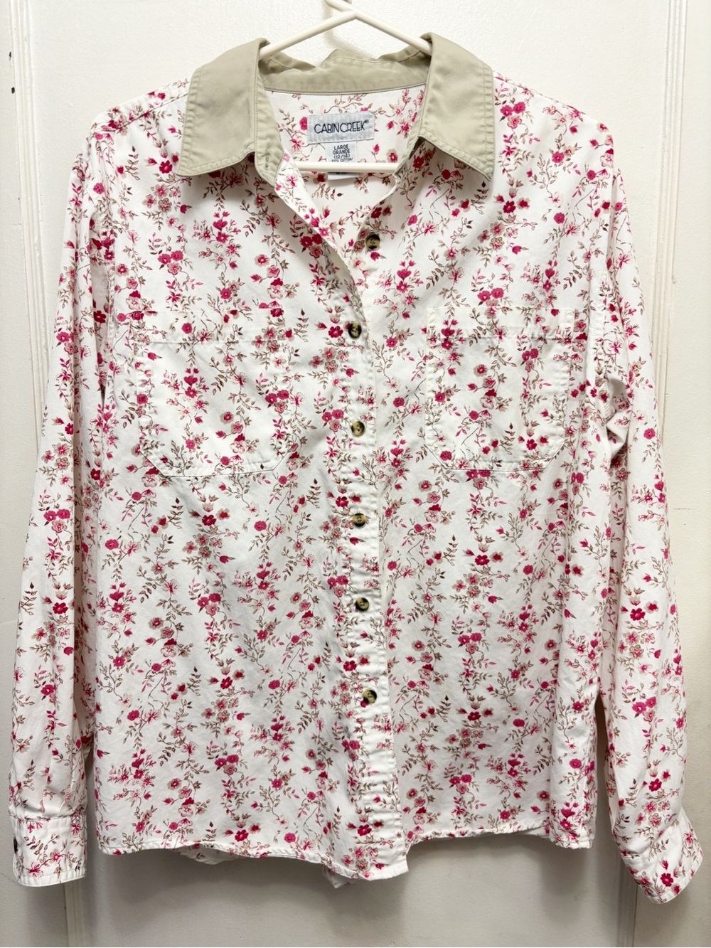 CABIN CREEK White Floral Button Up Top Blouse Pink & Tan Flowers Size Large